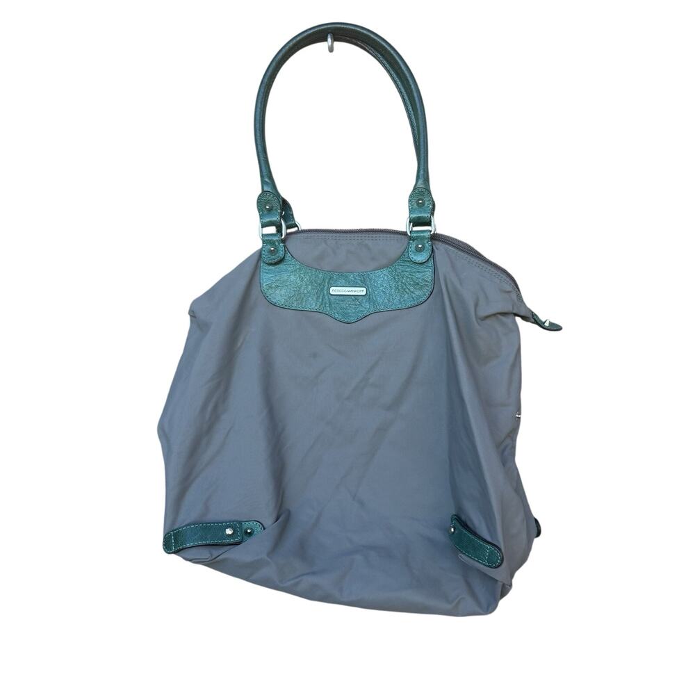 Rebecca Minkoff Canvas Bad Studded Teal Accent Purse Handbag Tote FLAW